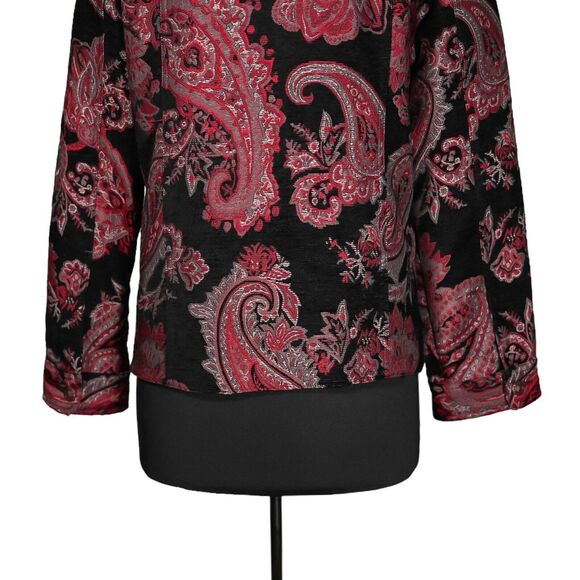 Chico's Women's Jacket Red Black Paisley Button Pockets Woven Jacquard 1 M/8 - Picture 8 of 9